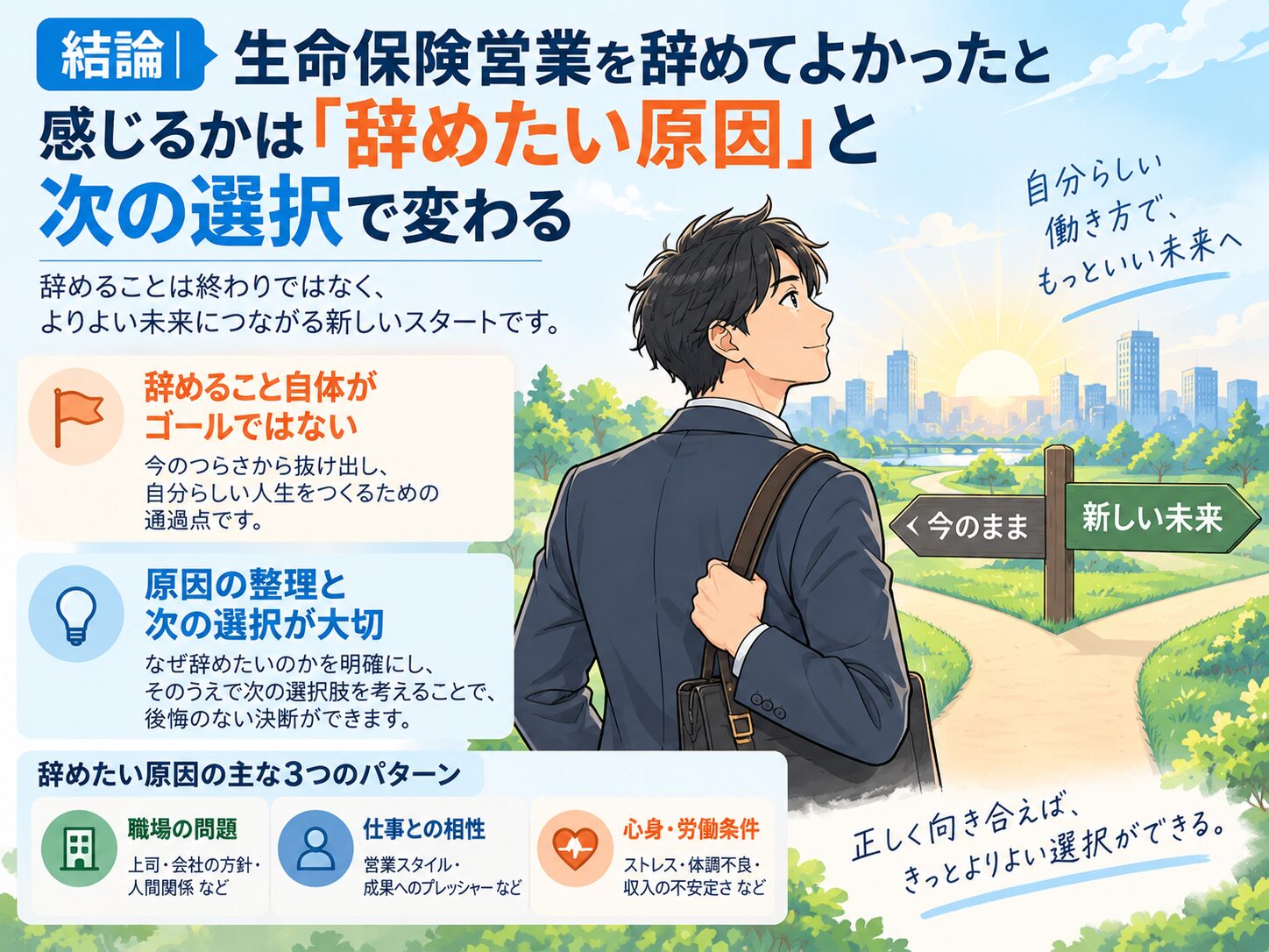 生命保険営業を辞めてよかったと感じるかは「辞めたい原因」と次の選択肢で変わる